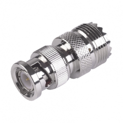 Adaptador en Linea para 50 Ohm, Conector BNC Macho-UHF Hembra (SO-239), Níquel/ Oro/ Delrin.