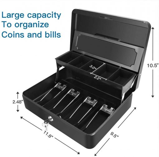 Caja de dinero de acero de 11.8 pulgadas de largo x 9.5 pulgadas de ancho Caja de efectivo con bandeja de dinero negro WOT I
