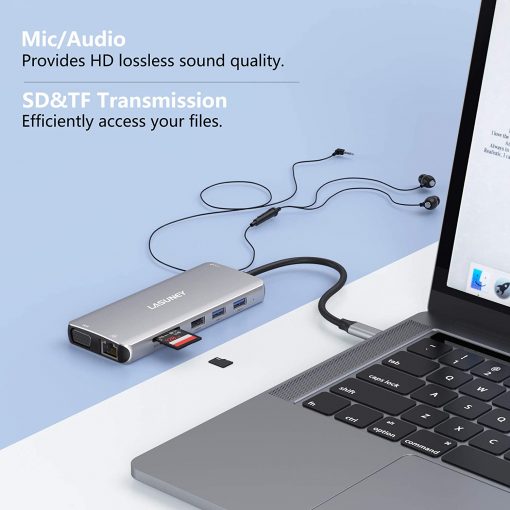 Lasuney Triple Display 12 en 1 USB C Docking Station Dock con 2 HDMI y VGA, PD3.0, Ethernet, lector de tarjetas SD TF, 4 puertos USB, micrófono/audio, adaptador tipo C Hub compatible para MacBook Air Pro y más - Imagen 2