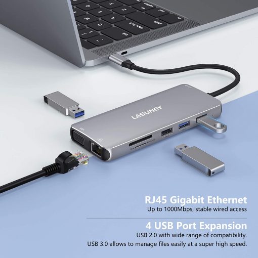 Lasuney Triple Display 12 en 1 USB C Docking Station Dock con 2 HDMI y VGA, PD3.0, Ethernet, lector de tarjetas SD TF, 4 puertos USB, micrófono/audio, adaptador tipo C Hub compatible para MacBook Air Pro y más