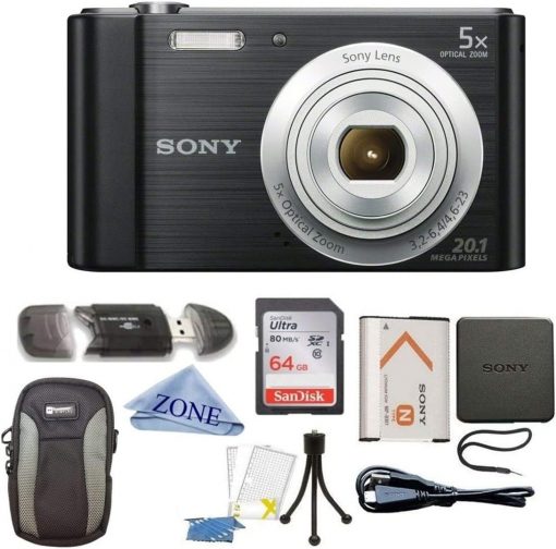 Sony W800/B DSC-W800/B DSCW800B Cámara digital de 20 MP zoom óptico 5X (negro) paquete con tarjeta de memoria SDHC de 64 GB, trípode de mesa, funda de lujo y paño de lente de microfibra