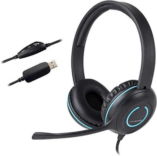 Cyber Acoustics Auriculares USB estéreo, controles en línea para silencio de volumen y micrófono, micrófono con cancelación de ruido y brazo de micrófono ajustable para PC y Mac, perfecto para aula, hogar u oficina (AC-5008A)