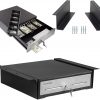 Cajón de caja registradora con soporte de montaje debajo del mostrador, cajón de efectivo negro de 13 pulgadas para POS, parte delantera de acero inoxidable, bandeja de efectivo de 4 billetes, 5 monedas, bandeja de monedas extraíble, cerradura de llave RJ11/RJ12, 2 ranuras para medios