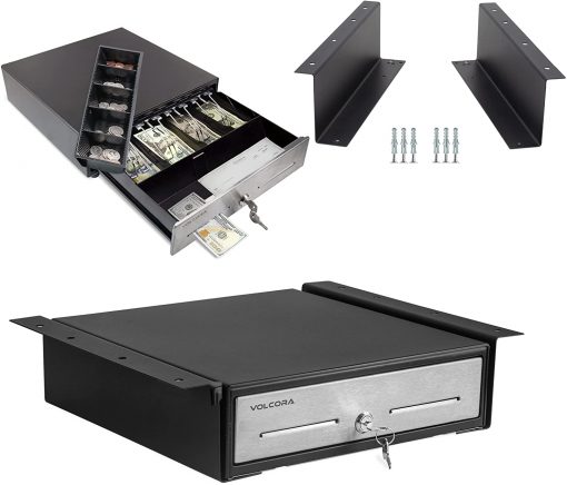 Cajón de caja registradora con soporte de montaje debajo del mostrador, cajón de efectivo negro de 13 pulgadas para POS, parte delantera de acero inoxidable, bandeja de efectivo de 4 billetes, 5 monedas, bandeja de monedas extraíble, cerradura de llave RJ11/RJ12, 2 ranuras para medios