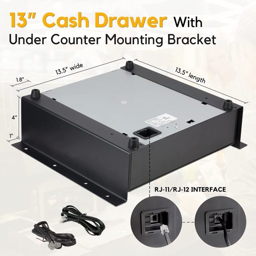 Cajón de caja registradora con soporte de montaje debajo del mostrador, cajón de efectivo negro de 13 pulgadas para POS, parte delantera de acero inoxidable, bandeja de efectivo de 4 billetes, 5 monedas, bandeja de monedas extraíble, cerradura de llave RJ11/RJ12, 2 ranuras para medios - Imagen 2