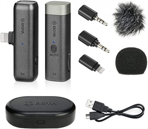 BOYA by-WM3 Micrófono Plug & Play para iPhone, Mini 2.4G Micrófono inalámbrico para cámara DSLR iOS iPhone Podcast Facebook YouTube Vlog Entrevista Video - con adaptador Lightning TRS TRRS Funda de carga