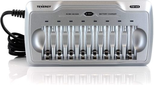 Tenergy TN145 AA AAA cargador de batería, cargador de batería para el hogar de 8 ranuras, cargador de batería de pila AA con bahías individuales e indicadores LED, para baterías recargables NiMH/NiCd