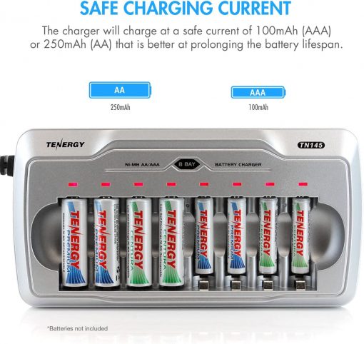 Tenergy TN145 AA AAA cargador de batería, cargador de batería para el hogar de 8 ranuras, cargador de batería de pila AA con bahías individuales e indicadores LED, para baterías recargables NiMH/NiCd - Imagen 2