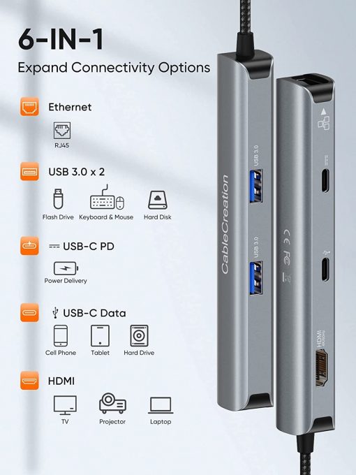 Adaptador USB C Hub multipuerto, CableCreation 6 en 1 USB-C Hub Bundle con adaptador Ethernet USB, CableCreation USB 3.0 a 10/100/1000 Gigabit adaptador de red LAN con cable