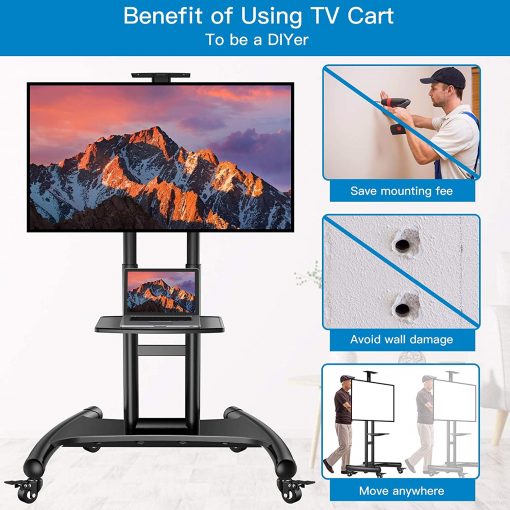 Carrito de TV móvil con ruedas para televisores LCD LED 4K de 32 a 75 pulgadas, soporte de suelo de TV certificado UL con estante para hasta 100 libras, carretilla ajustable de altura máxima VESA 23.622 x 15.748 in, PSTVMC05 - Imagen 3