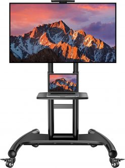Carrito de TV móvil con ruedas para televisores LCD LED 4K de 32 a 75 pulgadas, soporte de suelo de TV certificado UL con estante para hasta 100 libras, carretilla ajustable de altura máxima VESA 23.622 x 15.748 in, PSTVMC05