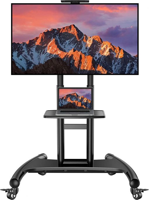 Carrito de TV móvil con ruedas para televisores LCD LED 4K de 32 a 75 pulgadas, soporte de suelo de TV certificado UL con estante para hasta 100 libras, carretilla ajustable de altura máxima VESA 23.622 x 15.748 in, PSTVMC05