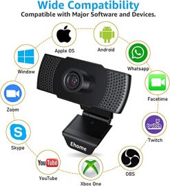 Cámara web con micrófono, Ehome 1080P USB 2.0 con cancelación de ruido Cámara web Plug and Play Giratoria portátil Web Cam para PC de sobremesa Videollamadas en línea Clase Conferencias de grabación en streaming Juegos