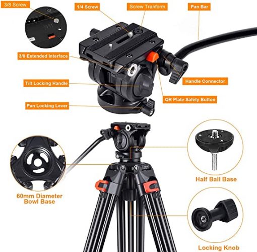 Trípode de video profesional resistente de aluminio de 72 pulgadas con cabezal de líquido de 360 grados para cámaras de videocámara Canon Nikon DSLR - Imagen 2