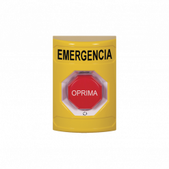 Botón de emergencia en español, color amarillo, acción de retención, girar para restablecer, LED multicolor