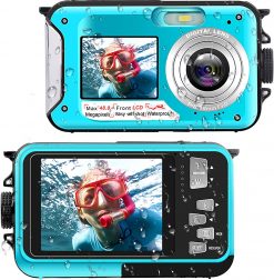 Cámara digital resistente al agua Cámara acuática Full HD 2.7K 48 MP Grabadora de video Selfie doble pantalla 16X zoom digital Linterna cámara resistente al agua para snorkel.