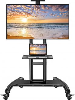 Carrito de TV móvil para televisores planos/curvados LED/LCD/OLED de 32 a 75 pulgadas con estante ajustable en altura máximo VESA 23.622 x 15.748 in hasta 100 libras, carrito de TV para exteriores con certificación UL con ruedas - PGTVMC05