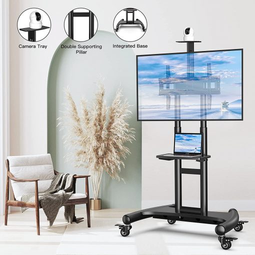 Carrito de TV móvil para televisores planos/curvados LED/LCD/OLED de 32 a 75 pulgadas con estante ajustable en altura máximo VESA 23.622 x 15.748 in hasta 100 libras, carrito de TV para exteriores con certificación UL con ruedas - PGTVMC05 - Imagen 2
