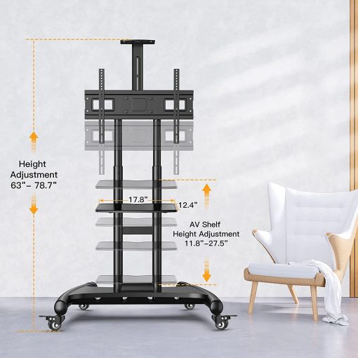 Carrito de TV móvil para televisores planos/curvados LED/LCD/OLED de 32 a 75 pulgadas con estante ajustable en altura máximo VESA 23.622 x 15.748 in hasta 100 libras, carrito de TV para exteriores con certificación UL con ruedas - PGTVMC05 - Imagen 3