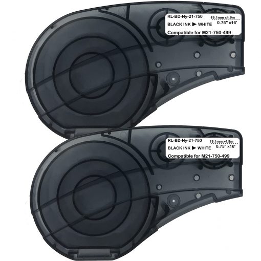 SIKOT Cinta de etiquetas compatible de repuesto para cartucho M21-750-499 con cinta de etiquetas de nailon de 3/4 pulgadas, película de tela de nailon negro sobre blanco, 16 pies de longitud 0.75 pulgadas de ancho, paquete de 2
