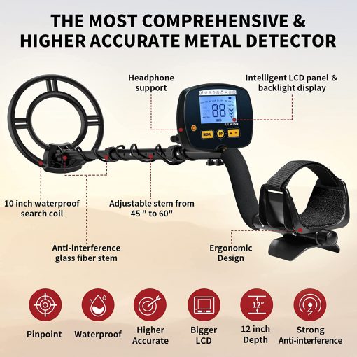 ULHUND - Detectores de metales mejorados para adultos, detector de oro 9 con pantalla LCD más grande, chip DSP avanzado de 10 pulgadas con profundidad de detección de 12 pulgadas - Imagen 2
