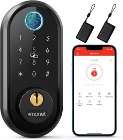 Cerradura inteligente, cerradura de puerta de entrada sin llave para puerta delantera, SMONET huella digital biométrico electrónico Bluetooth con llaves, llaves, llaveros, bloqueo automático, control de aplicación de teléfono inteligente para el hogar, apartamento