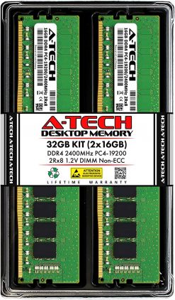 A-Tech Módulos de memoria RAM de escritorio 32 GB (2 x 16 GB) DDR4 2400 MHz UDIMM PC4-19200 (PC4-2400T) CL17 DIMM 2Rx8 sin ECC