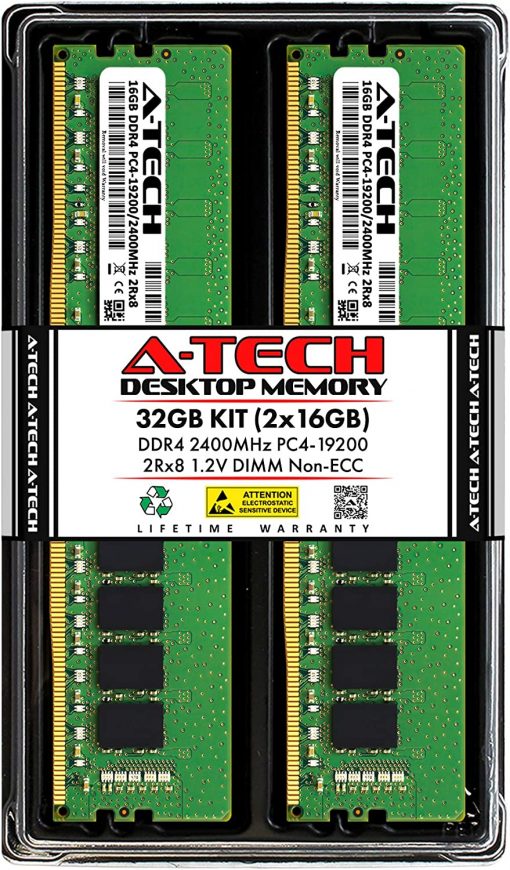 A-Tech Módulos de memoria RAM de escritorio 32 GB (2 x 16 GB) DDR4 2400 MHz UDIMM PC4-19200 (PC4-2400T) CL17 DIMM 2Rx8 sin ECC