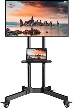 Carrito de TV móvil con ruedas para televisores de pantalla plana curvada de 32 a 85 pulgadas, certificado UL, altura ajustable, soporte de TV rodante con capacidad para hasta 132 libras, soporte de piso con bandeja Max VESA 23.622x15.748 in PSTVMC01