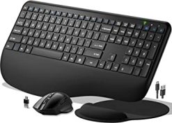 Teclado y mouse inalámbricos ergonómicos, juego de mouse de teclado recargable de tamaño completo de 2.4 G con soporte de muñeca, multidispositivo, Windows/Mac/Android (negro)