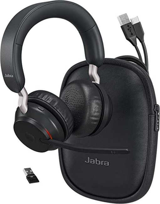 Jabra Evolve2 65 Auriculares inalámbricos Bluetooth estéreo UC – USB azul Dongle, compatible con Zoom, Webex, teléfonos inteligentes, tabletas, PC/MAC, 26599-989-999 (negro), plan de soporte Global Teck Gold incluido