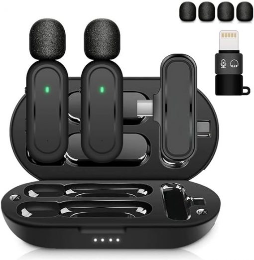 2 micrófonos inalámbricos Lavalier para iPhone, iPad, Android, con funda de carga y adaptador, micrófono inalámbrico con clip 7H, mini micrófono de solapa para podcast, transmisión en vivo, vlog, entrevista YouTube de 70 pies K61v
