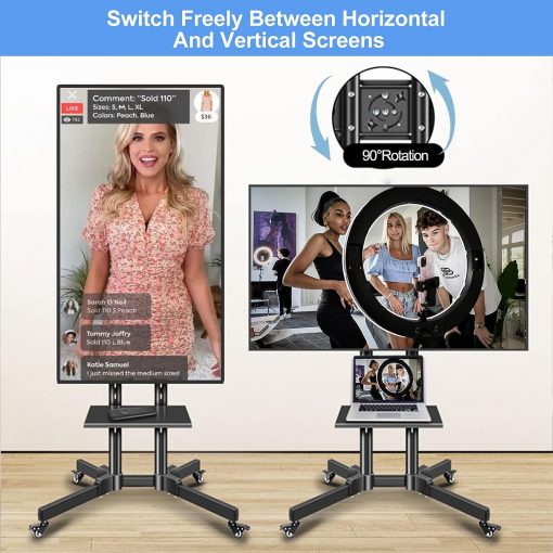 Carrito giratorio de TV móvil con capacidad para hasta 110 libras, soporte para televisores rodantes de 32 a 60 pulgadas, vertical a paisaje, base de soporte de suelo resistente para transmisión en vivo, videoconferencias, Tiktok, YouTube Zoom Hellsehen - Imagen 2