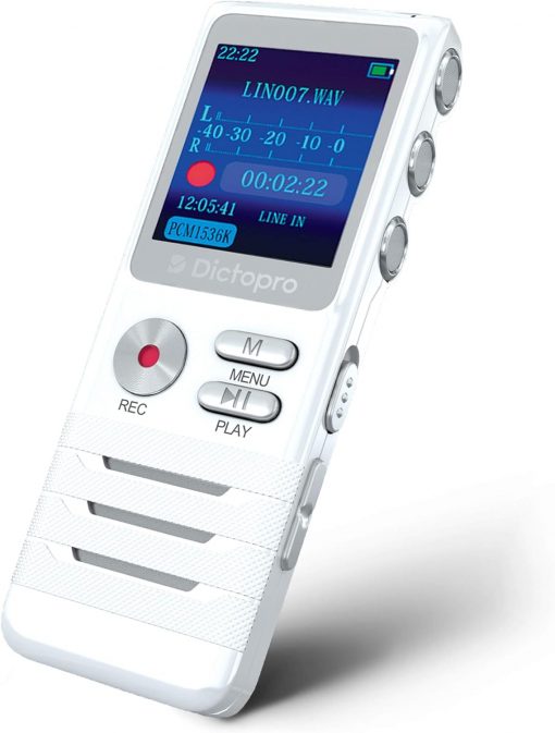 Dictopro Grabador de voz activado digital, grabación con micrófono doble en HD, 8 GB de memoria, cancelación de ruido, dictáfono con caja, de metal, de primera calidad