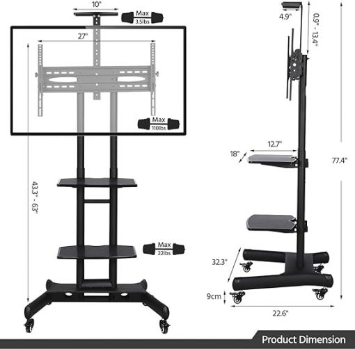 Yaheetech Soporte de TV móvil con ruedas, carrito de TV ajustable con ruedas para TV LCD LED de 32 a 75 pulgadas con estantes de almacenamiento y base resistente, VESA máximo - Imagen 3