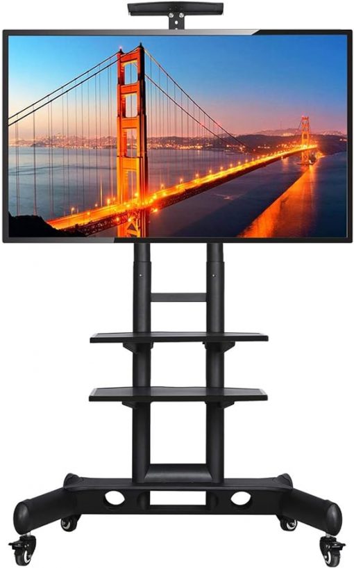 Yaheetech Soporte de TV móvil con ruedas, carrito de TV ajustable con ruedas para TV LCD LED de 32 a 75 pulgadas con estantes de almacenamiento y base resistente, VESA máximo