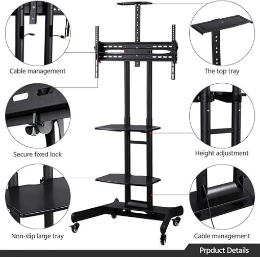 Yaheetech Soporte de TV móvil con ruedas, carrito de TV ajustable con ruedas para TV LCD LED de 32 a 75 pulgadas con estantes de almacenamiento y base resistente, VESA máximo - Imagen 5