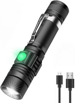 Linterna táctica LED, linterna LED súper brillante recargable de 1200 lúmenes altos, antorcha LED de tamaño de bolsillo con clip, IPX6 impermeable, zoomable, 4modos para campamento, emergencia, sin batería