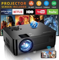 Proyector con WiFi 5G y Bluetooth, proyector nativo 1080P [pantalla de proyector incluida], proyector de película Full HD 15000LM, pantalla de 300 pulgadas compatible con cine en casa 4K, compatible