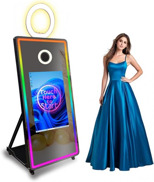 Cabina de fotos con espejo mágico, pantalla táctil de 32 pulgadas, máquina de cabina de fotos de impresión instantánea con luz RGB, estuche de vuelo, máquina portátil de fotomatón de vidrio