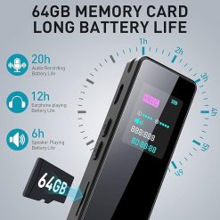 Grabadora de cinta activada por voz con dispositivo de grabación de sonido dictáfono de reproducción, reducción de ruido de 64gb