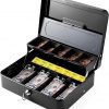 Caja de efectivo de acero con bandeja para dinero con cerradura de llave, 11.8 pulgadas de largo x 9.5 pulgadas de ancho, caja con cubierta de bandeja, 5 bandejas para monedas, 4 ranuras