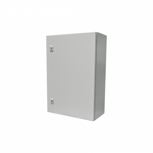 Caja de montaje en pared de una puerta de 19,6 x 27,5 x 9,8" (500 x 700 x 250 mm). Y placa posterior de metal para montaje de equipos.