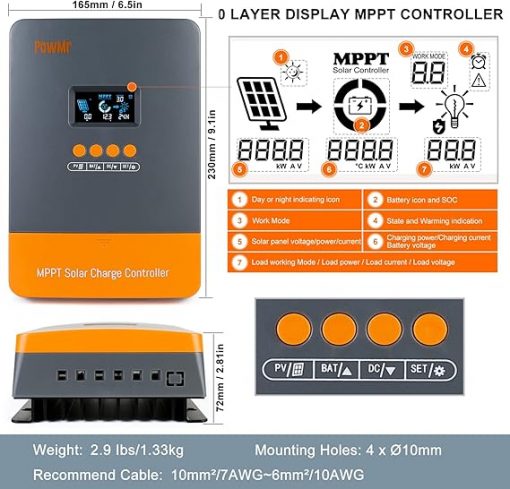 Controlador de carga solar 60A MPPT 12V 24V 36V 48V Controlador de carga solar 60amp regulador de carga solar MPPT 150V w/LCD Display Trabajo con AGM, gel, inundado y litio - Imagen 2