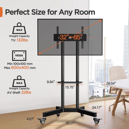 Perlegear Soporte de TV rodante, soporte de TV móvil con ruedas para pantallas de 32 a 85 pulgadas - Imagen 2