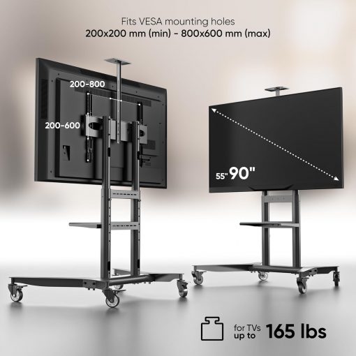 Soporte de TV móvil con ruedas para TV de 55 a 90 pulgadas de hasta 198 libras, soporte de TV de altura ajustable portátil de 200 x 200-800 x 600 x 600 VESA - Imagen 2